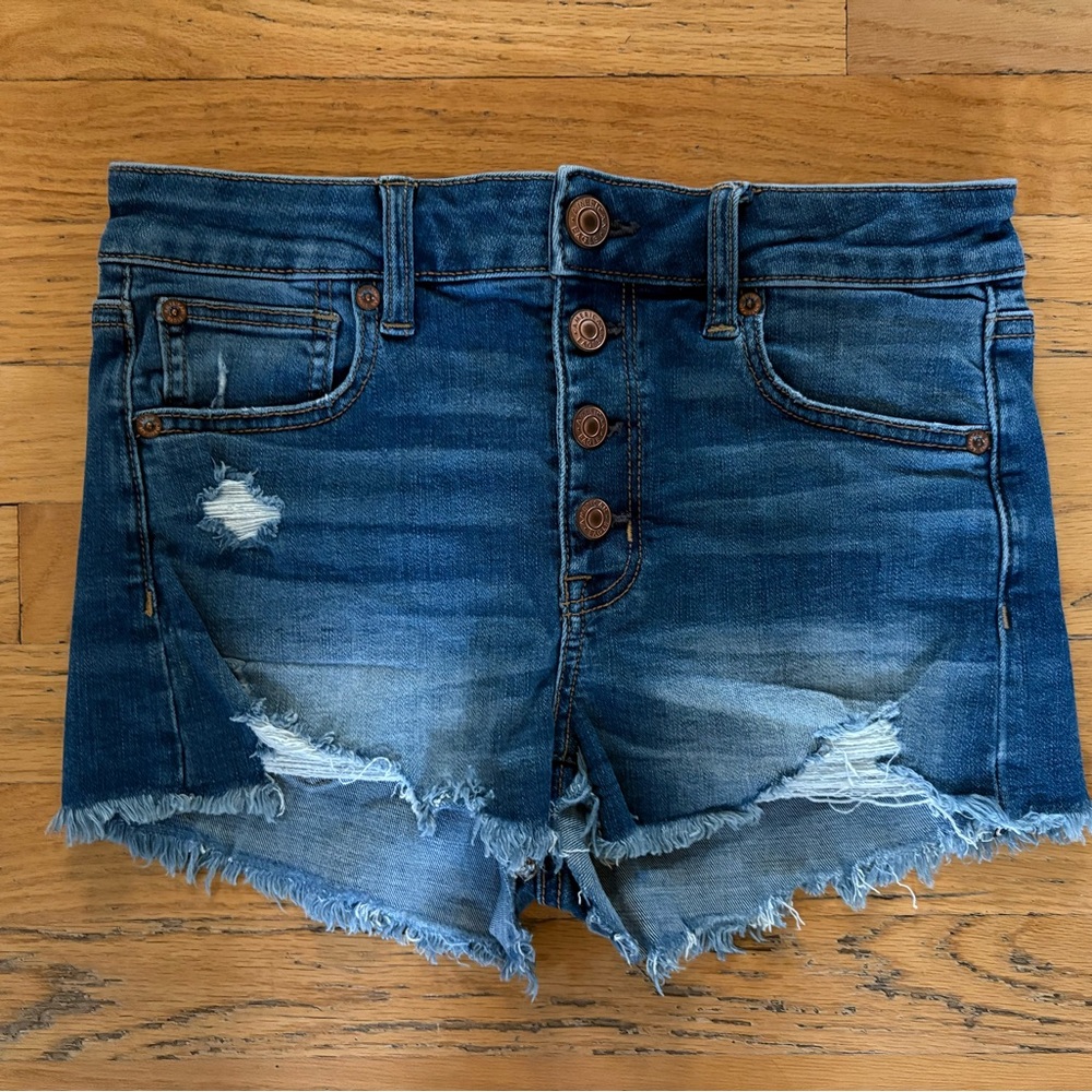 High-Rise Distressed Denim Shorts with Button Fly